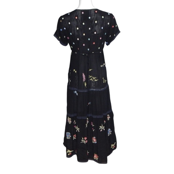 Johnny Was Botanical Midi Dress Embroidered Cupra Rayon Size XS Black Tiered - Picture 6 of 9
